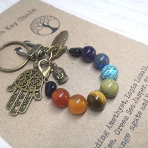 Seven Chakra Keyring, Yoga Keychain, Hamsa hand Key Chain, Yoga Chakra Gift, Chakra Ring for Keys, Crystal Purse Charm, Chakra Purse Charm