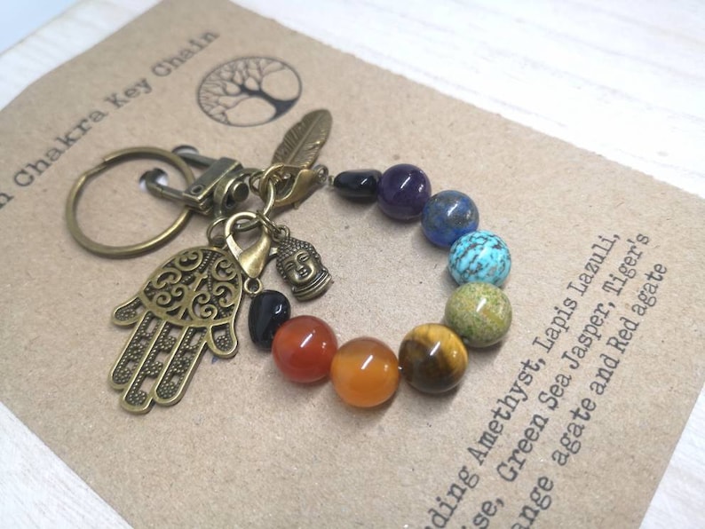 May include: A chakra key chain with a hamsa hand charm, a small Buddha charm, and a beaded bracelet with seven different colored stones. The stones are amethyst, lapis lazuli, green sea jasper, tiger's eye, carnelian, orange agate, and red agate. The text on the card reads "Chakra Key Chain" and lists the stones used in the bracelet.