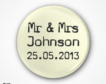 Personalised Wedding Favours pack of 20 Badges or Magnets. Available as 2.5cm badges or 3.8cm badges or magnets