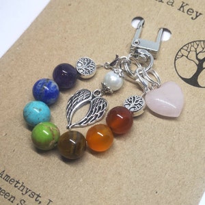 Chakra beaded Keychain, Seven Chakra Keyring, Yoga Keychain, tree of life Key Chain, Chakra Gift, with angel wings and rose quartz heart