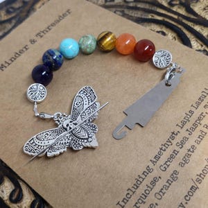 Silver moth needle minder with beaded needle threader attachment , needle minder, needle keep,cross-stitch gift, needle magnet, sewing gift