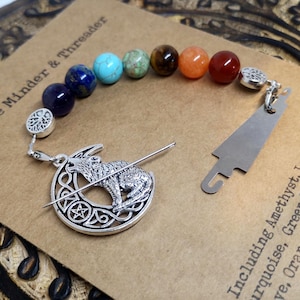 Silver wolf needle minder with beaded needle threader attachment , needle minder, needle keep,cross-stitch gift, needle magnet, sewing gift
