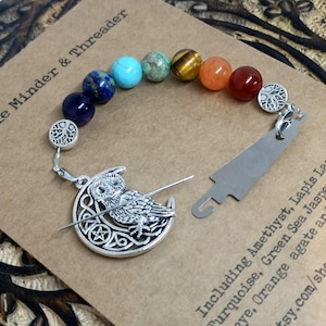 Silver owl needle minder with beaded needle threader attachment , needle minder, needle keep,cross-stitch gift, needle magnet, sewing gift