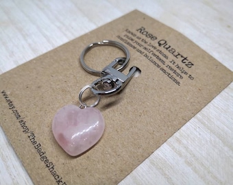 Llavero de corazón de cuarzo rosa, llavero de cuarzo rosa, llavero de cristal de chakra, llavero de chakra, llavero de equilibrio