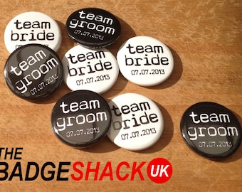 Black and White Team Bride and Groom Pin Badges  x 50 (25 Team Bride and 25 Team Groom) . Available in 2.5cm or 3.8cm