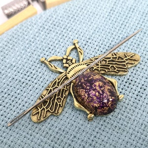 Purple and gold bee needle minder, needle keep, needle minder, needle magnet, needle nanny, bee needle minder, needle magnetic needle minder