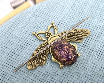 Purple and gold bee needle minder, needle keep, needle minder, needle magnet, needle nanny, bee needle minder, needle magnetic needle minder