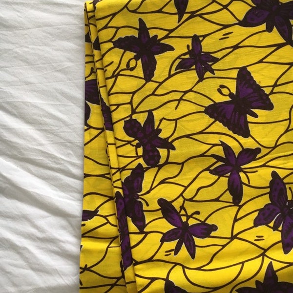 Conception de papillon brun, tissu de couleur jaune, impression africaine, tissu de cire julius holland, tissu d’ankara vintage. Coton, impression de tissu jaune