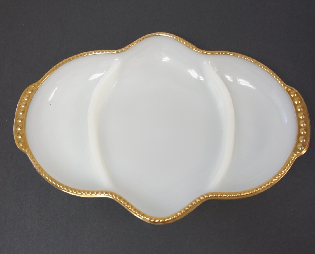 Vintage Fire King Milk Glass Divided Tray With Gold Edging / Milk Glass