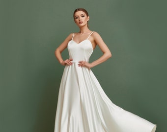 A Line wedding dress, simple wedding dress, satin wedding dress, casual wedding dress, minimalist wedding dress, modest boho wedding dress