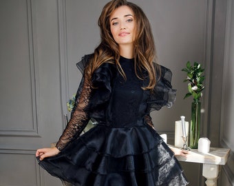 Knee Length cocktail Dress In Black, Bohemian Party Lace Cocktail Dress With Sleeves, Formal Organza Mini Evening Gown, Skater skirt dress