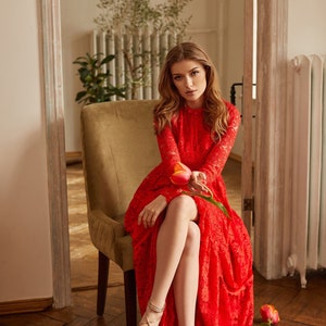 Boho Wedding Floor Length Romantic Dress / Red Bridesmaid Long Sleeve Evening Lace Dress / Floral Prom Couture Fit And Flare Cocktail Dress image 1