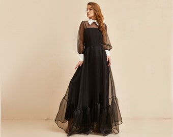 Bohemian Bridesmaid Romantic Gown With Sleeves, Black Wedding Floor Length Cocktail Dress, Black Organza gown