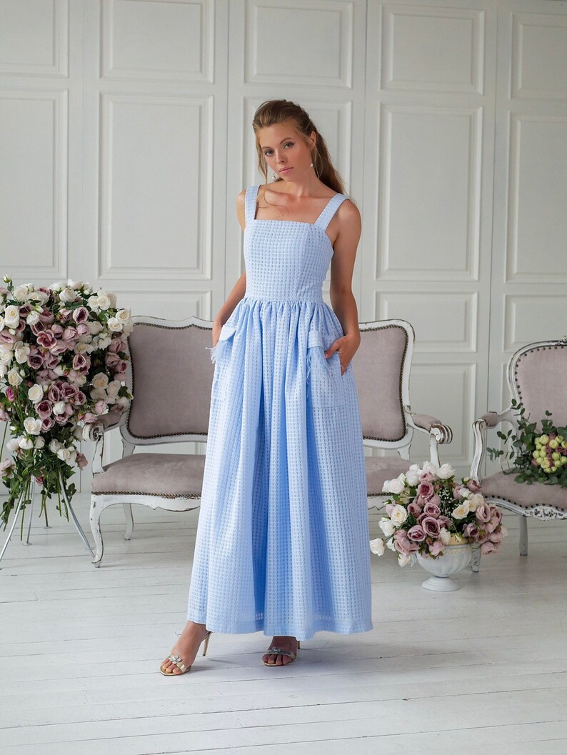Blue Pinafore dress, apron dress, vintage style dress, ankle length, sleeveless dress, 1950s inspired dress, pockets dress , bridesmaid image 7