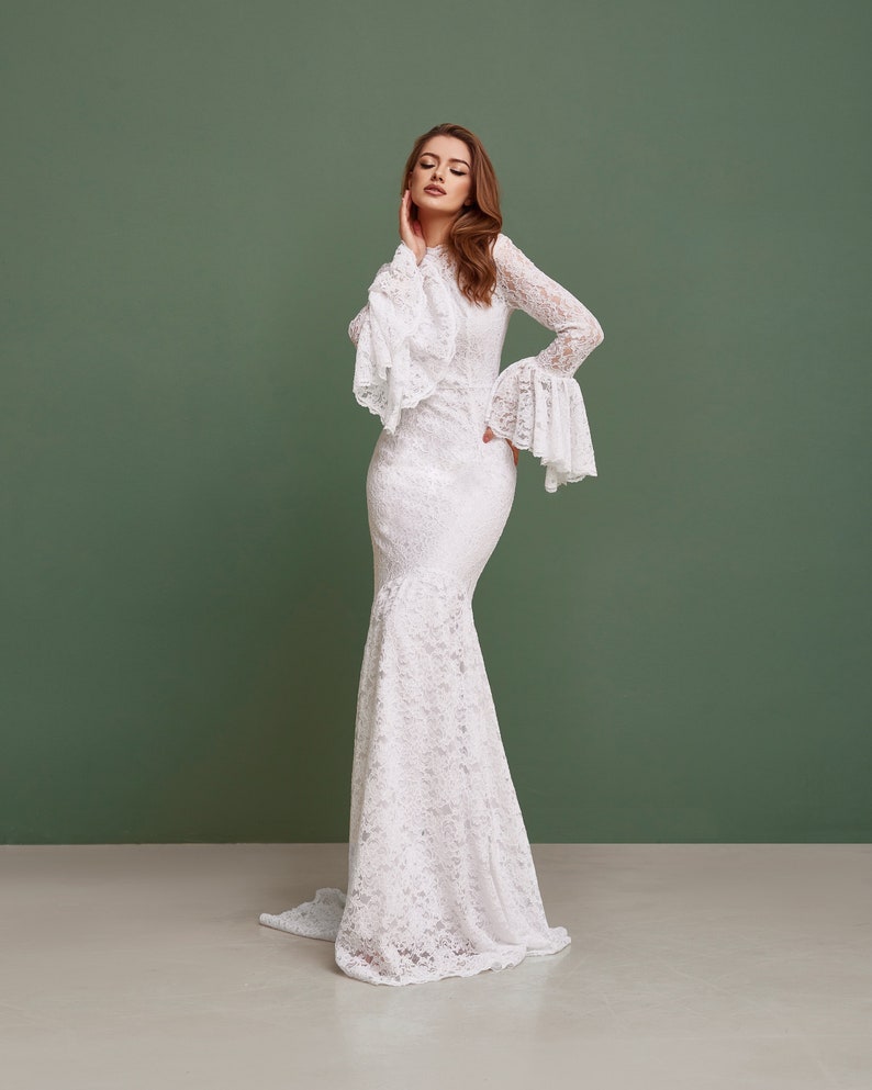 Simple wedding dress with long sleeves, Mermaid boho wedding dress modest, Lace wedding dress with train, Bell sleeves wedding gown image 8