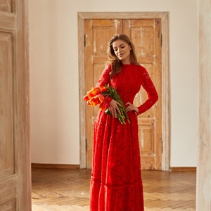 Boho Wedding Floor Length Romantic Dress / Red Bridesmaid Long Sleeve Evening Lace Dress / Floral Prom Couture Fit And Flare Cocktail Dress image 6