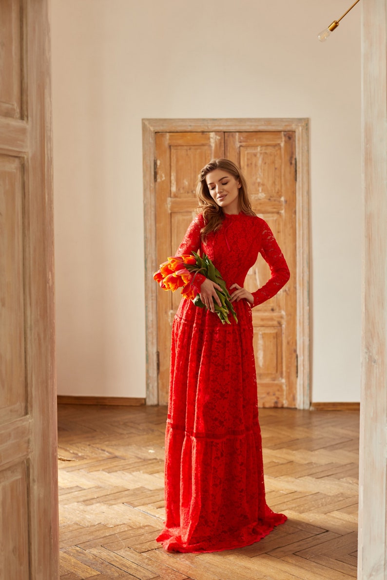 Boho Wedding Floor Length Romantic Dress / Red Bridesmaid Long Sleeve Evening Lace Dress / Floral Prom Couture Fit And Flare Cocktail Dress image 6