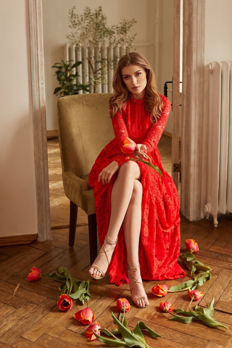 Boho Wedding Floor Length Romantic Dress / Red Bridesmaid Long Sleeve Evening Lace Dress / Floral Prom Couture Fit And Flare Cocktail Dress image 1