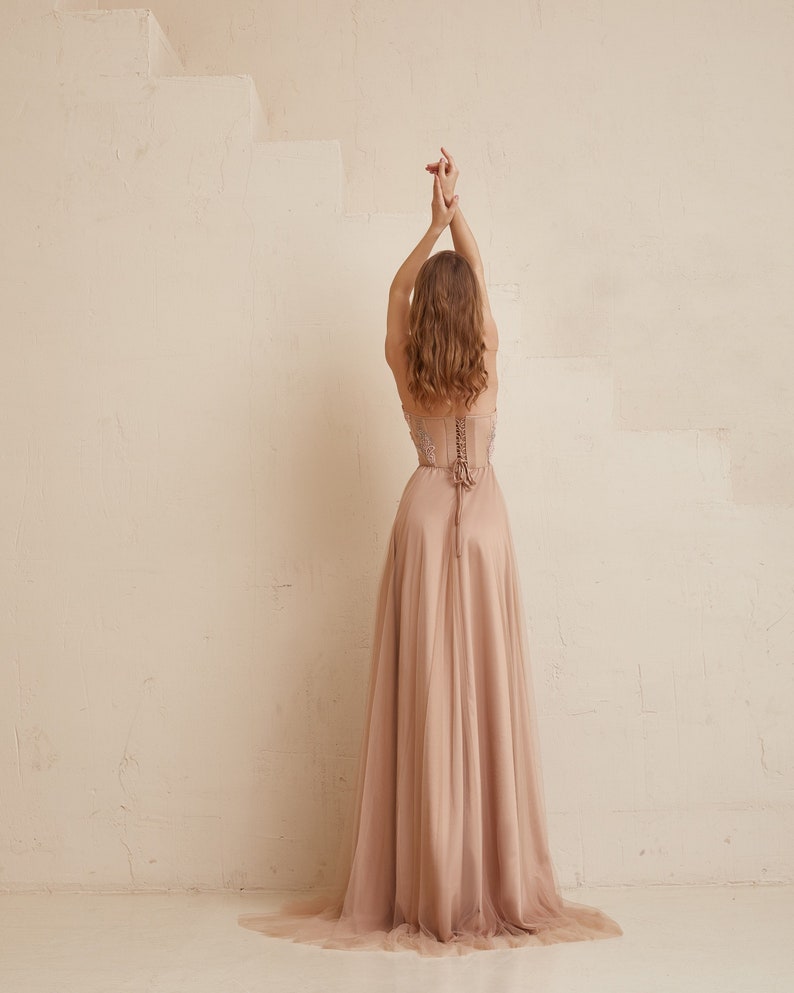 Blush Boho Wedding dress, Long Corset dress, Pink wedding Evening Dress, Sequin wedding dress, Beige prom dress, Pastel Bridesmaid dress image 5