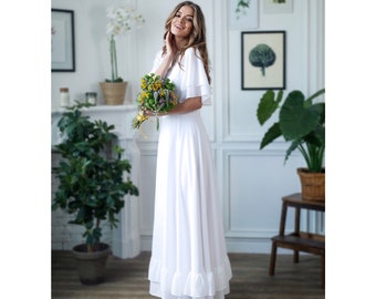 Wedding dress / simple wedding dress / white fit and flare long dress / modest wedding dress / casual wedding dress / bohemian wedding dress
