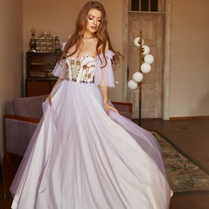 Alternative bride purple dress, Floral evening gown, Ombre prom dress with detachable sleeves, Bohemian wedding dress, Summer corset gown image 4