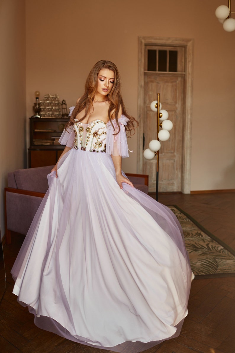 Alternative bride purple dress, Floral evening gown, Ombre prom dress with detachable sleeves, Bohemian wedding dress, Summer corset gown image 4