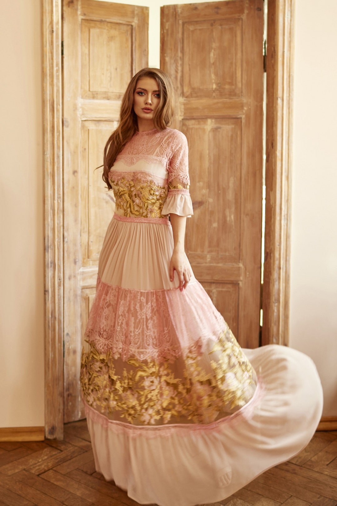 Beige Wedding Guest Dress Lace Gown With Long Sleeves - Etsy