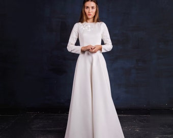 Long sleeved wedding dress, Simple wedding dress, Modest wedding dress, White Winter & Autumn Wedding Floor Length Dress, Fit and flare gown