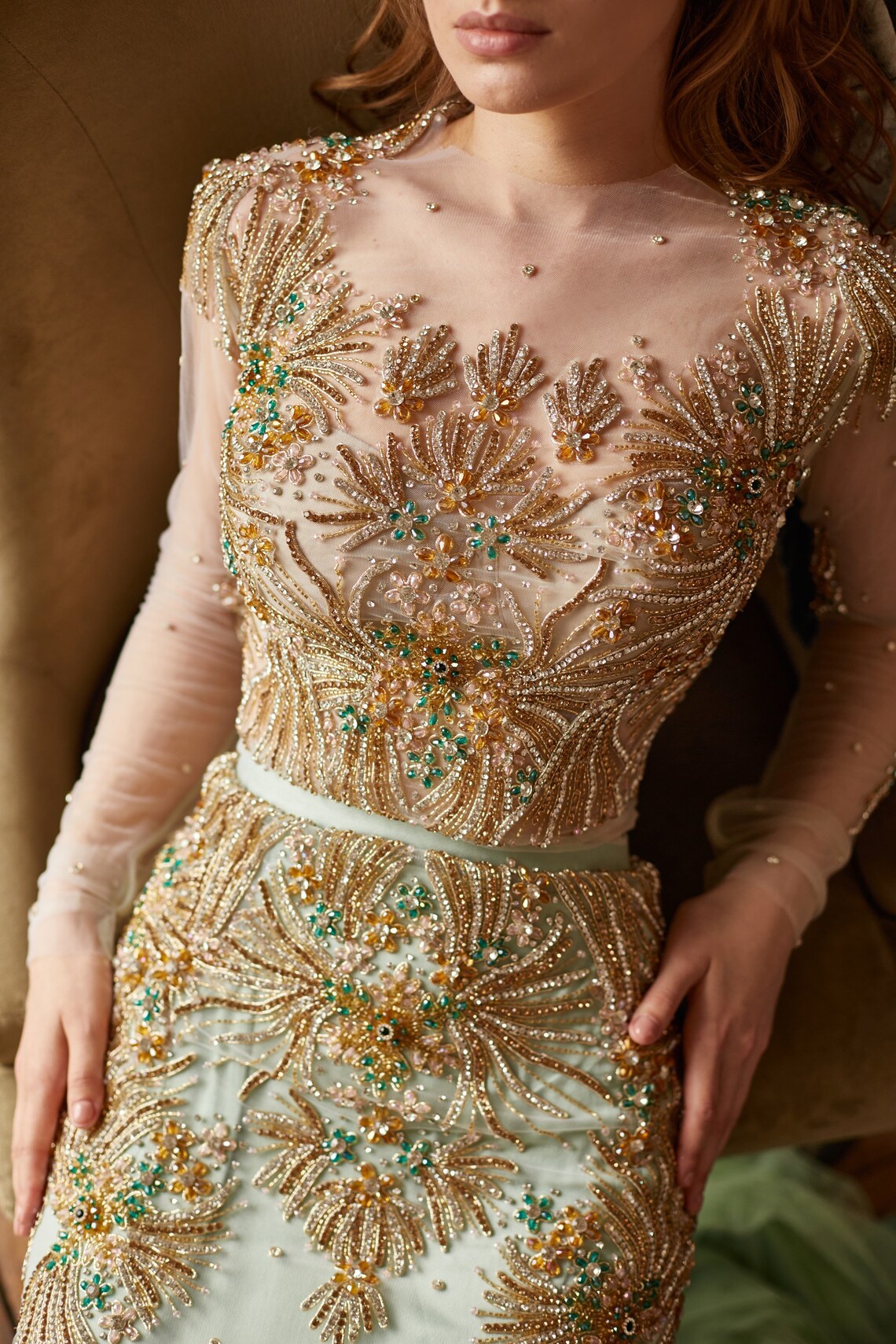 Emerald Wedding Dress With Long Sleeves Couture Evening Gown - Etsy