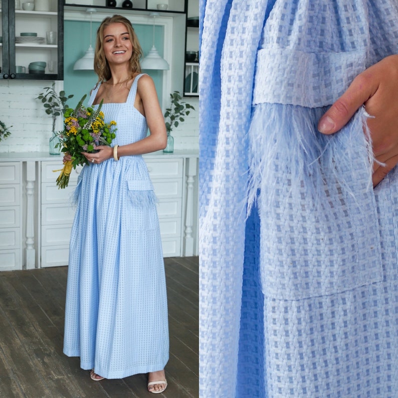 Blue Pinafore dress, apron dress, vintage style dress, ankle length, sleeveless dress, 1950s inspired dress, pockets dress , bridesmaid image 1