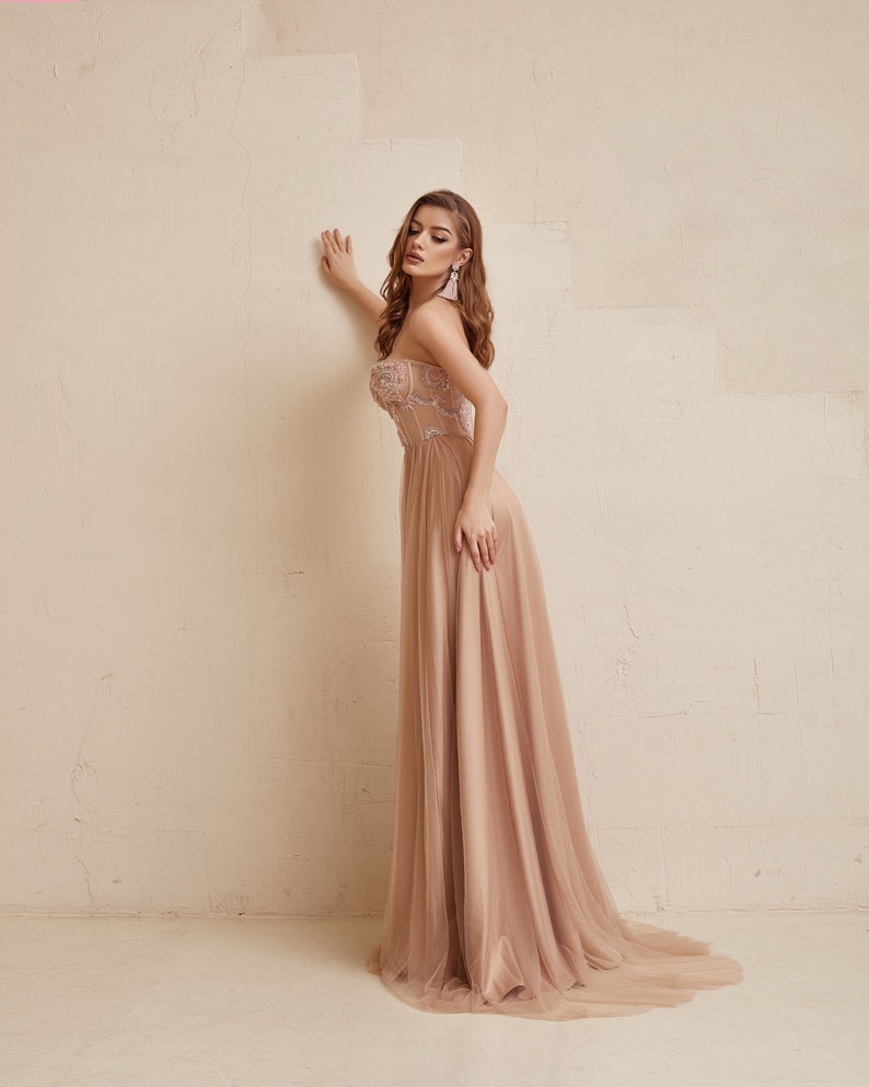 Blush Boho Wedding dress, Long Corset dress, Pink wedding Evening Dress, Sequin wedding dress, Beige prom dress, Pastel Bridesmaid dress image 7