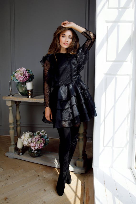 Knee Length Cocktail Dress in Black, Bohemian Party Lace Cocktail Dress  With Sleeves, Formal Organza Mini Evening Gown, Skater Skirt Dress -   Canada