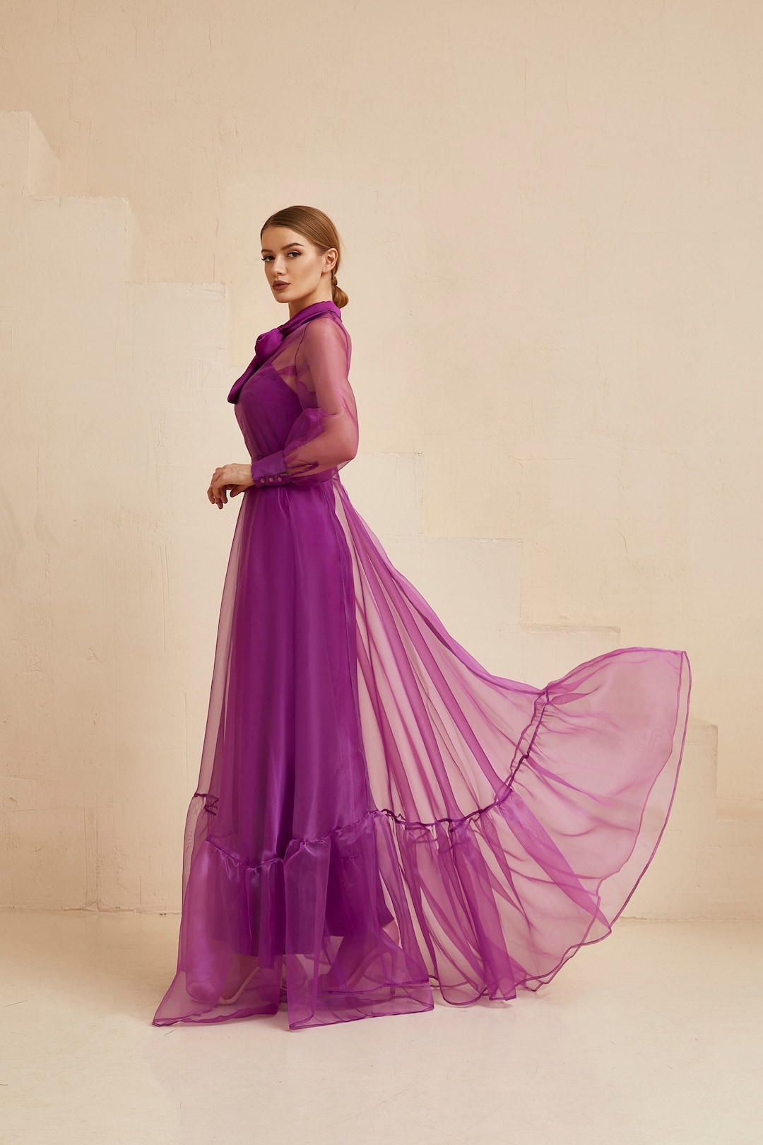 Organza Fit and Flare Long Purple Dress With Long Sleeves and Etsy