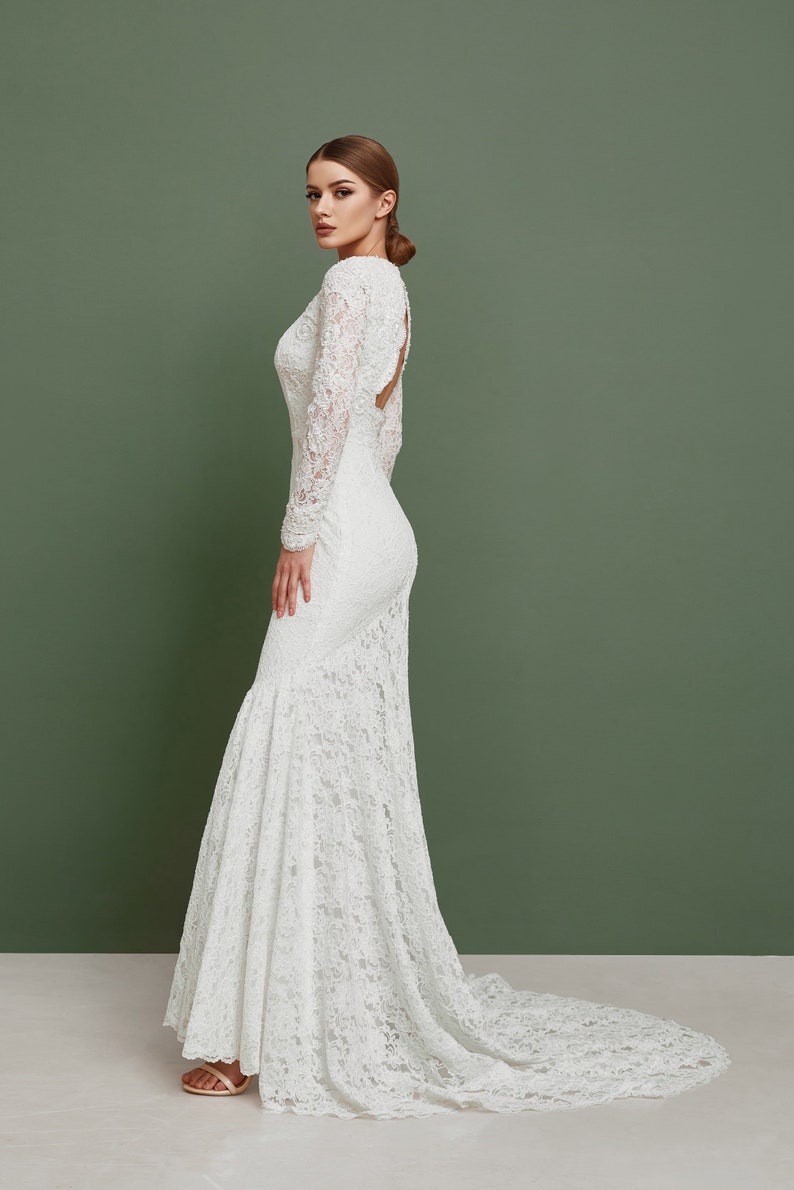 Open back wedding dress with long sleeves and train, Couture wedding dress long sleeves, Mermaid bohemian wedding gown, Classy wedding gown image 3