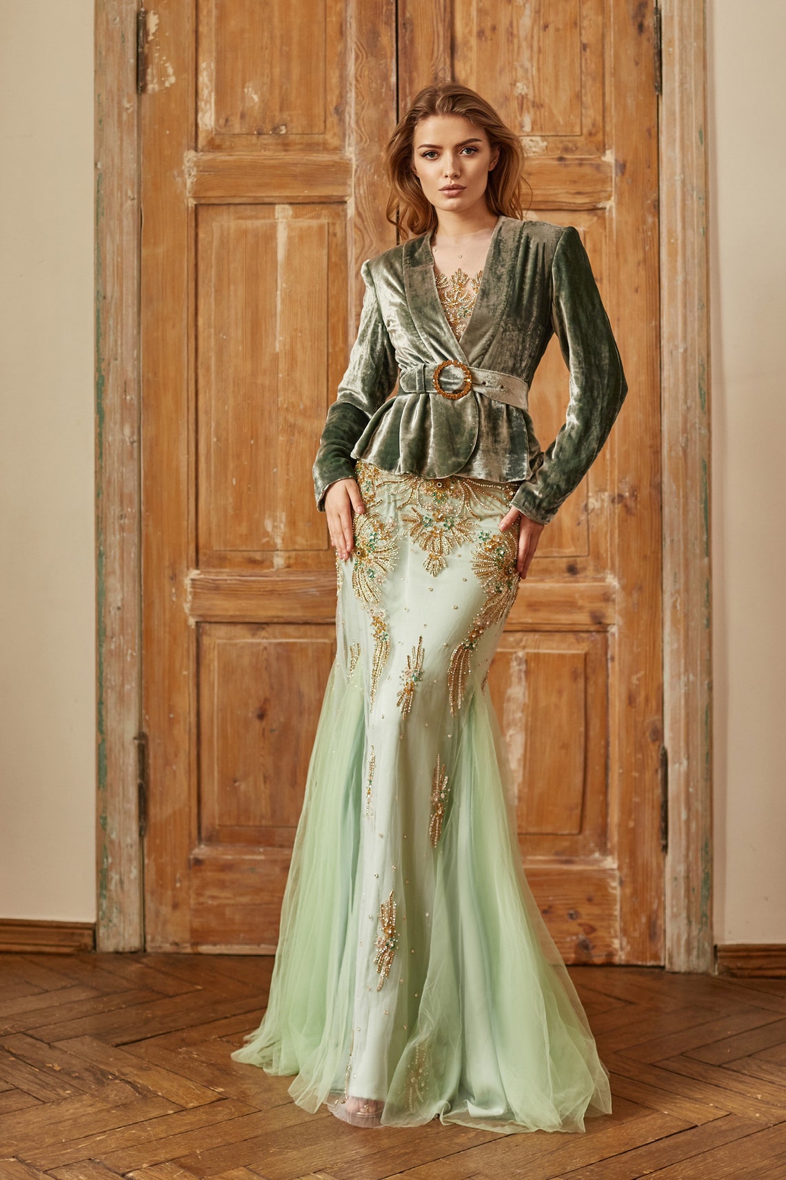 Emerald Wedding Dress With Long Sleeves Couture Evening Gown - Etsy