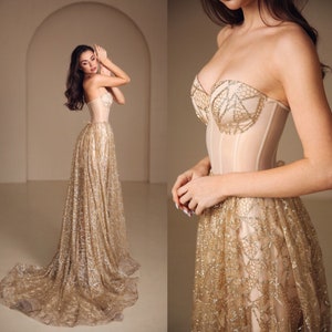 Golden Wedding dress, Bohemian Wedding dress, Sequin corset dress, Sparkling wedding gown, sequin wedding dress, golden tan prom dress
