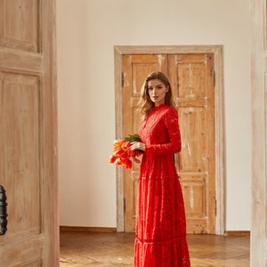 Boho Wedding Floor Length Romantic Dress / Red Bridesmaid Long Sleeve Evening Lace Dress / Floral Prom Couture Fit And Flare Cocktail Dress image 3