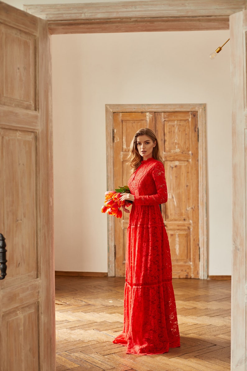 Boho Wedding Floor Length Romantic Dress / Red Bridesmaid Long Sleeve Evening Lace Dress / Floral Prom Couture Fit And Flare Cocktail Dress image 3