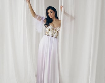 Alternative bride purple dress, Floral evening gown, Ombre prom dress with detachable sleeves, Bohemian wedding dress, Summer corset gown