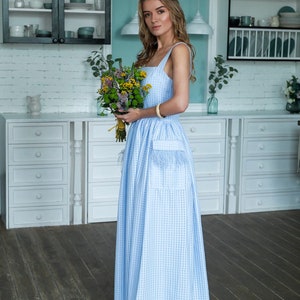 Blue Pinafore dress, apron dress, vintage style dress, ankle length, sleeveless dress, 1950s inspired dress, pockets dress , bridesmaid image 3