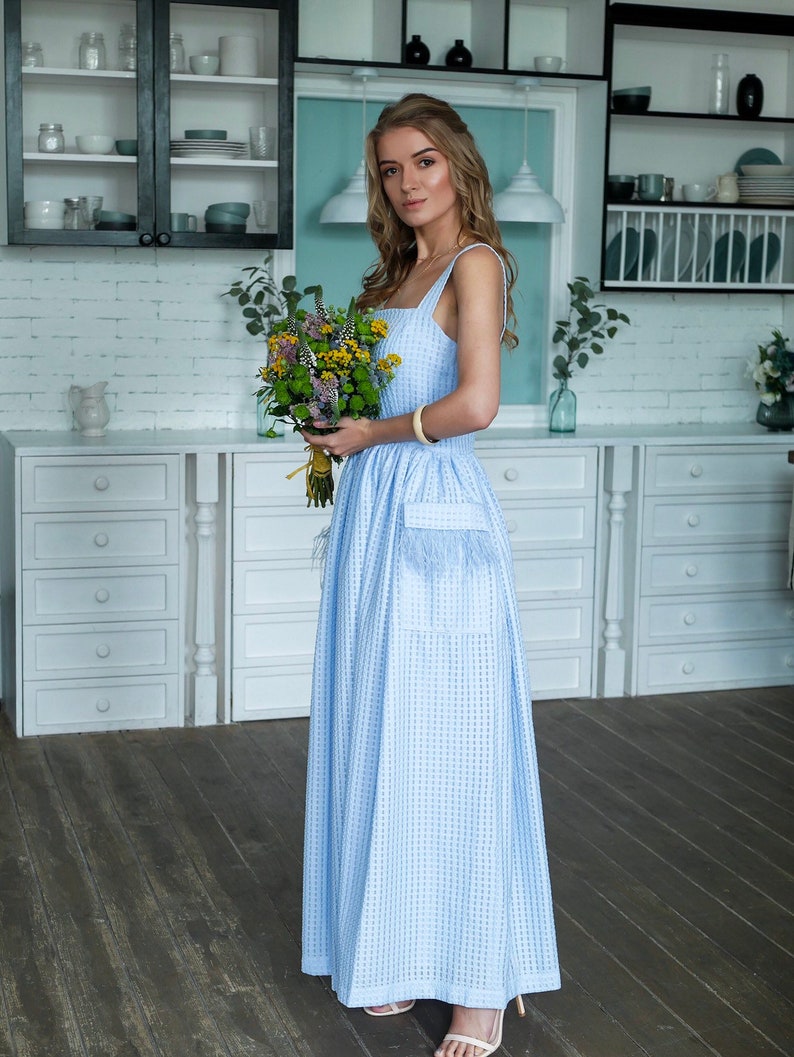 Blue Pinafore dress, apron dress, vintage style dress, ankle length, sleeveless dress, 1950s inspired dress, pockets dress , bridesmaid image 3