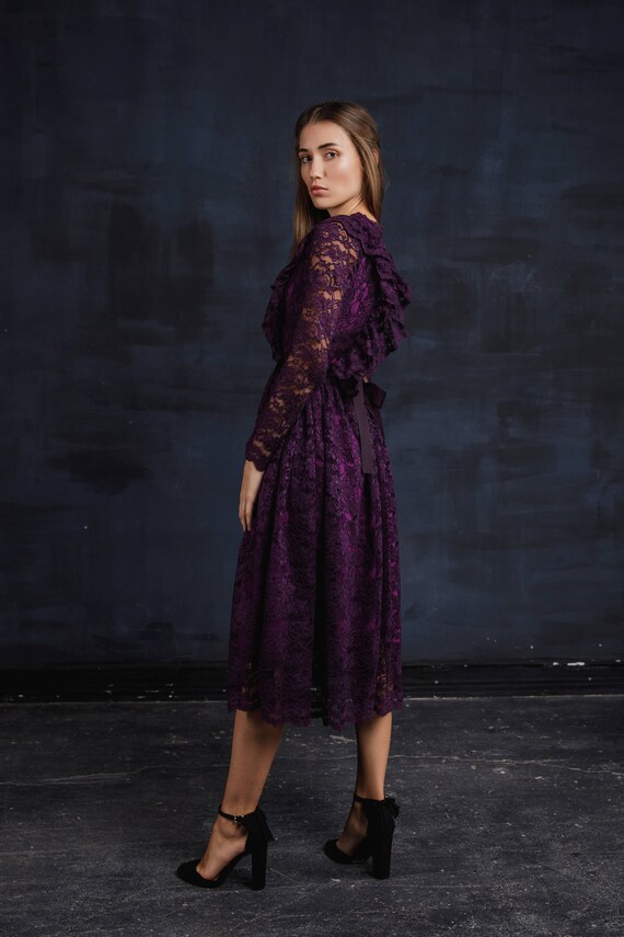 Purple Embroidered Disco Evening Dress Black Lace Wedding Etsy