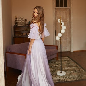 Alternative bride purple dress, Floral evening gown, Ombre prom dress with detachable sleeves, Bohemian wedding dress, Summer corset gown image 6