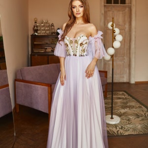 Alternative bride purple dress, Floral evening gown, Ombre prom dress with detachable sleeves, Bohemian wedding dress, Summer corset gown image 5