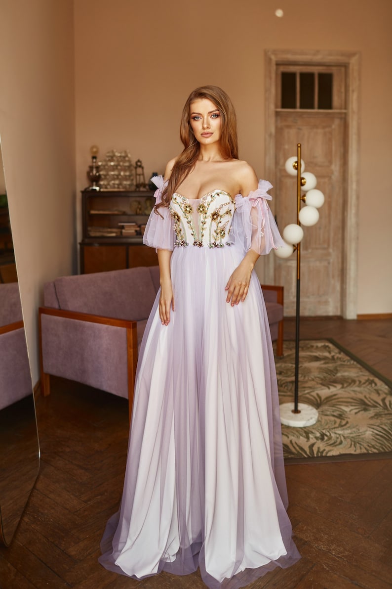 Alternative bride purple dress, Floral evening gown, Ombre prom dress with detachable sleeves, Bohemian wedding dress, Summer corset gown image 5