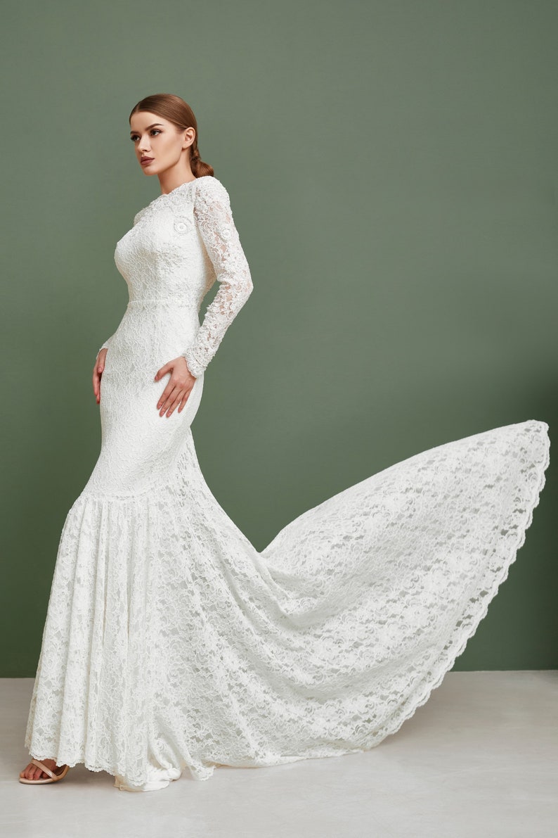 Open back wedding dress with long sleeves and train, Couture wedding dress long sleeves, Mermaid bohemian wedding gown, Classy wedding gown image 6