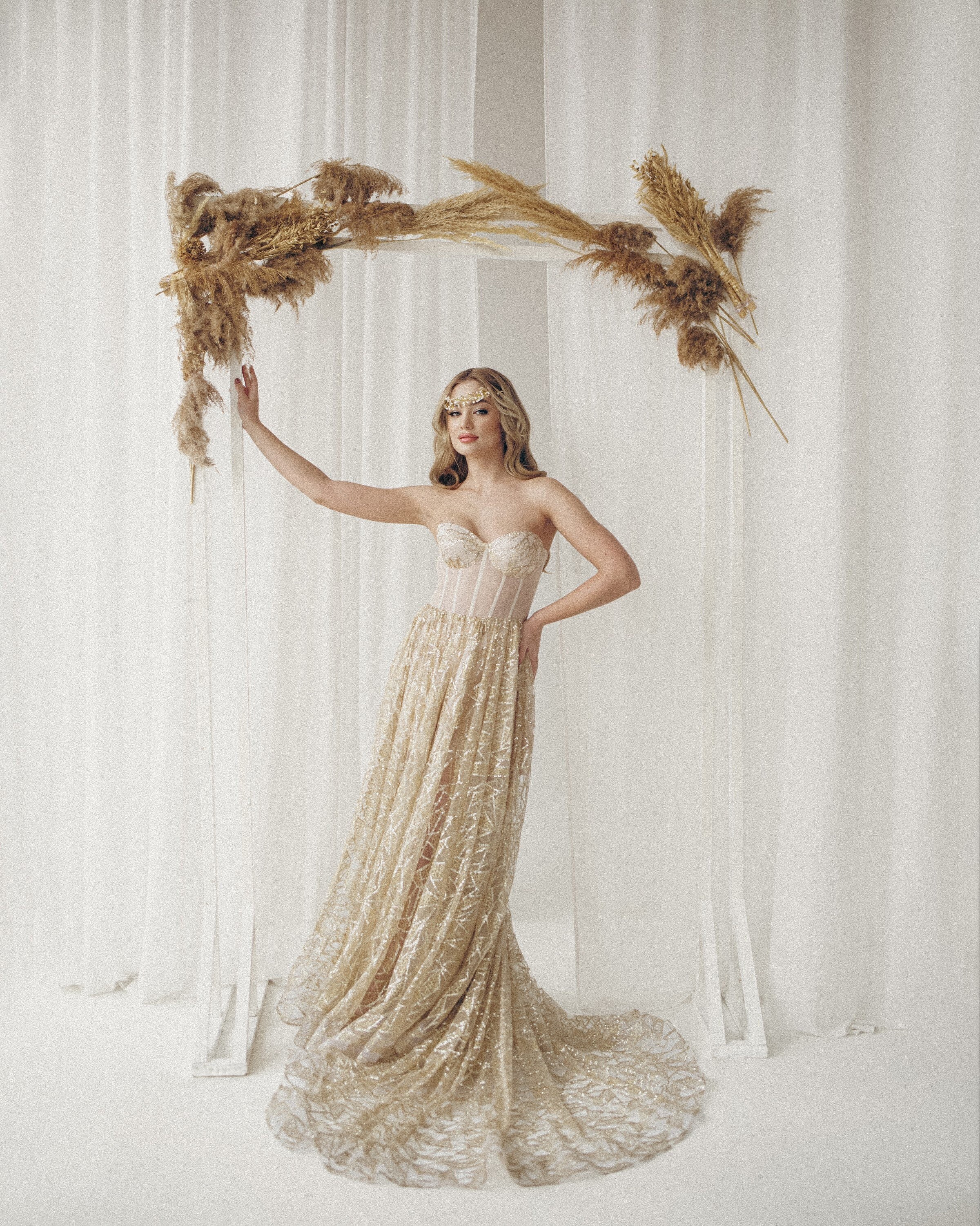 Cream and gold evening gowns best sale
