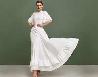Wedding dress, simple wedding dress, white fit and flare long dress, modest wedding dress, casual wedding dress, bohemian wedding dress