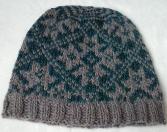 May include: A gray and teal knitted beanie with a geometric pattern.