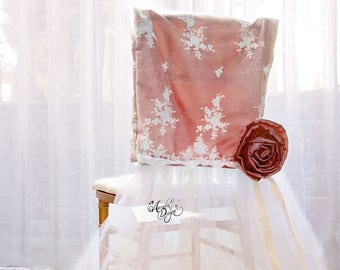 Rose Gold Lace & Ribbon Flower Chair Slipcover | Chiavari Chair decoration for Classic Wedding Bridal Shower Bachelorette Sweet 16 Party